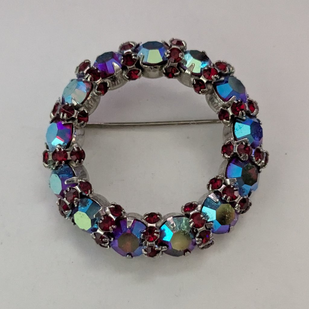 Vintage Signed Warner Ab Aurora Borealis Red Rhinestone Wreath Round Brooch Pin